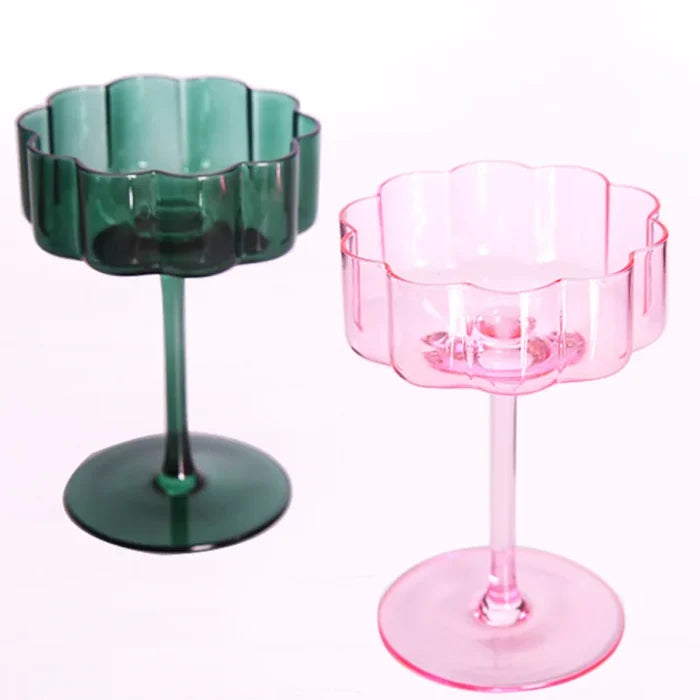 Wave Rim Glass Collection Colorful crystal glasses with wavy petal rim modern cocktail and wine glass