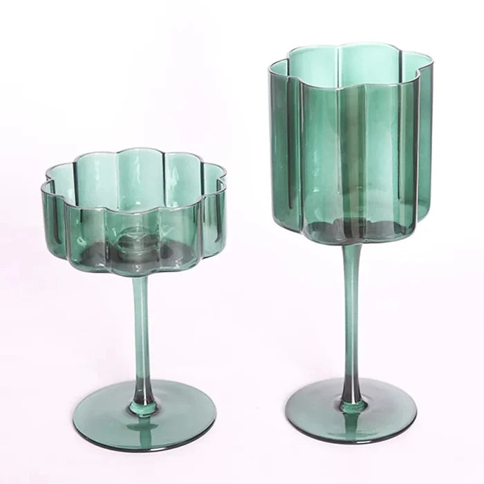 Wave Rim Glass Collection Colorful crystal glasses with wavy petal rim modern cocktail and wine glass
