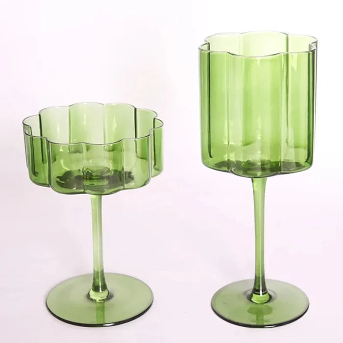 Wave Rim Glass Collection Colorful crystal glasses with wavy petal rim modern cocktail and wine glass