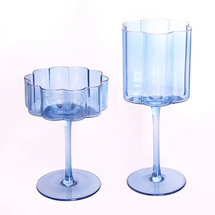 Wave Rim Glass Collection Colorful crystal glasses with wavy petal rim modern cocktail and wine glass