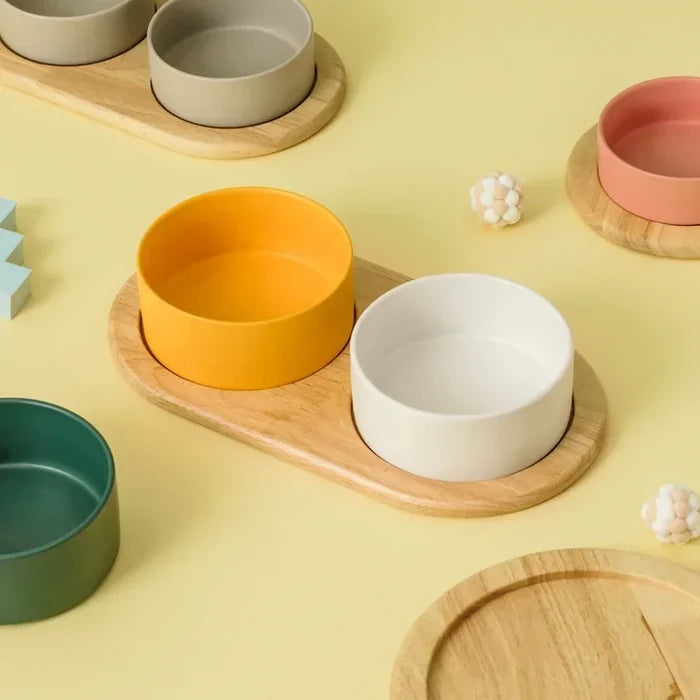 pet feeding bowl ceramic bowls with elevated wooden stand large capacity