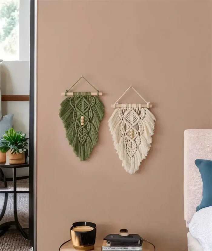 Handcrafted macramé leaf tapestry with wooden beads, boho wall décor wall hanging