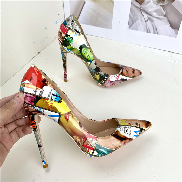 Women Graffiti Pointed Toe Stiletto Heel PU Single Shoes
