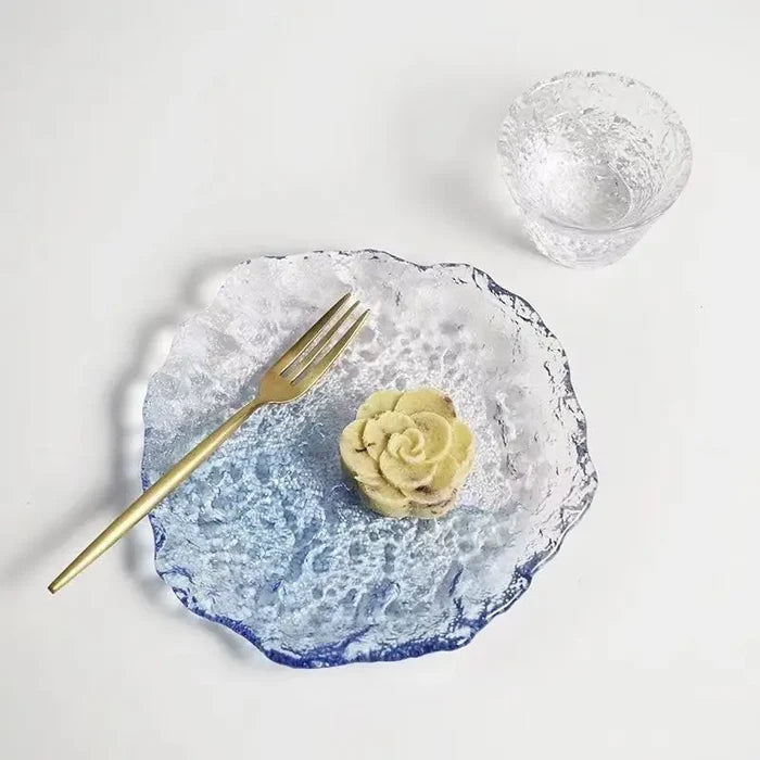 Zenith glass coaster set with irregular edges, transparent pink and blue textured plates for home dessert, dim sum, fruit, and decorative use